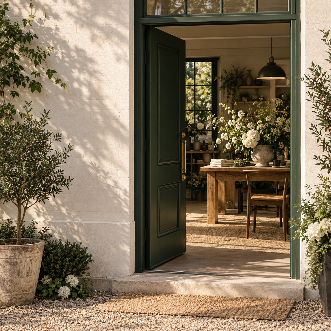 Sunlight through an open green studio door, an original conceptual image